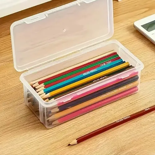 transparent PP storage boxes with lids, used for storing office supplies, pencils, and crafts