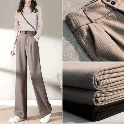 2024 Autumn Winter Women Concise Woolen Pants Lady Wide Leg Designer Outside Trousers Female Thicken High Waisted Draping PantsT251022