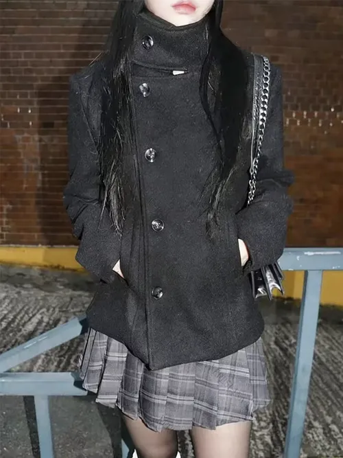 2026 Women's Minimalist Retro Stand up Collar Thick Coat, Asymmetrical Button Decoration, Slim Fit Long Sleeved Top, Winter