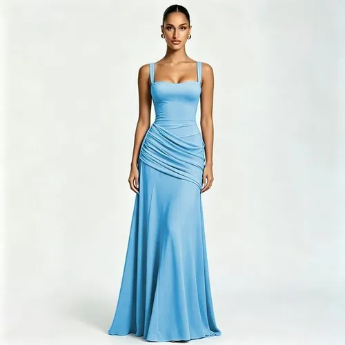 Ladies Square Neck Sleeveless Long Dress Ruched Waist Draped Detail Floor Length Formal Gown With Pockets Slim Fit Flowy Elegant Evening Party Dress