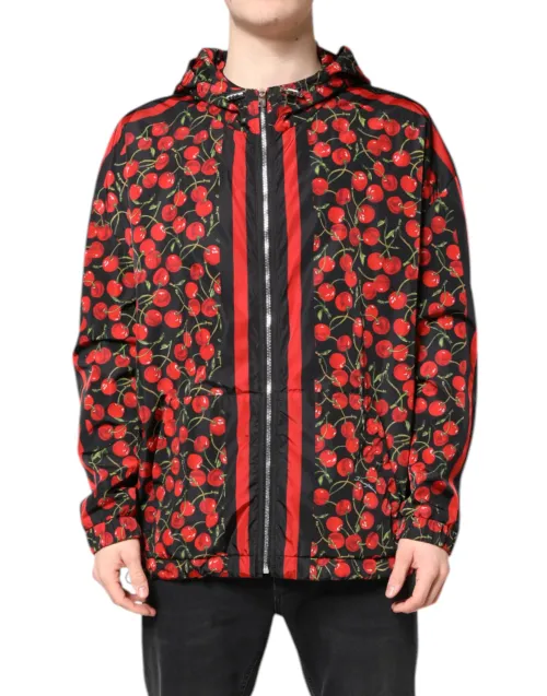 Dolce & Gabbana Cherry-Print Hooded Windbreaker Jacket — Black