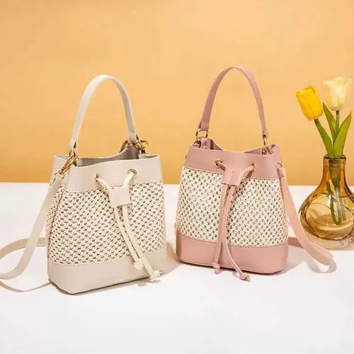 Fashion Bundle Pocket Straw Crossbody Bag Woven Commute Drawstring Bucket Bag Handbag Messenger Bag Beach Shoulder Bag Ladies XJ250610