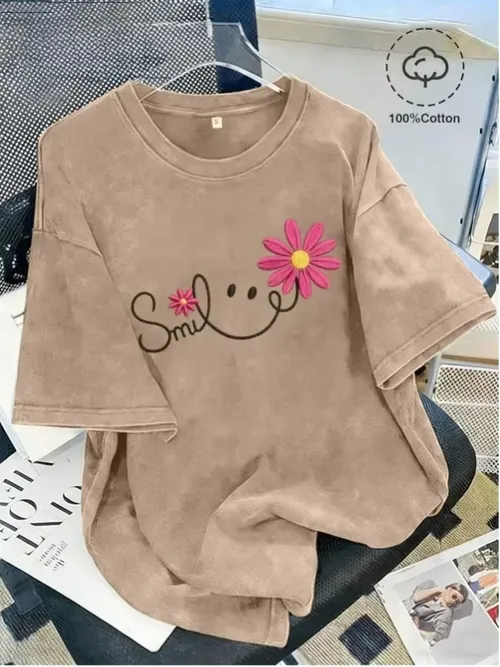 Women's Vintage Washed Cotton T-Shirt New Summer Style American-Style Floral Face Print 100 Cotton Comfortable And Fashionable V