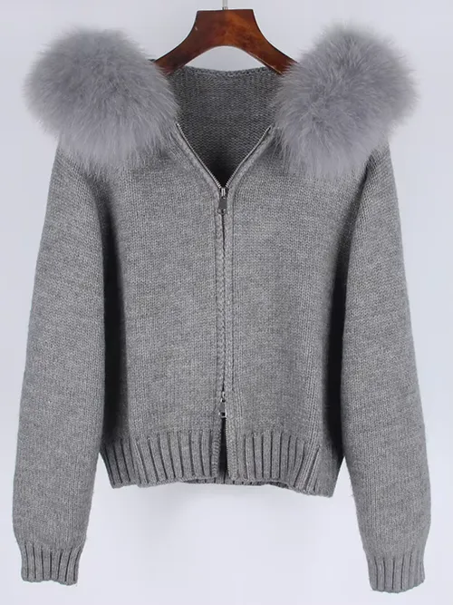 OFTBUY Real Fox Fur Kintwear Women New Spring Autumn Hooded Sweater Female Loose Zipper Kintted Jacket Oversized Cardigan