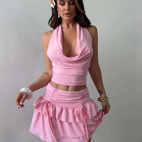 Pink 2 Piece Outfit For Women Halter Cowl Neck Crop Top Ruffled Tiered Mini Skirt Set Drawstring Ruched Matching Set For Party Club Daily Dating Wear