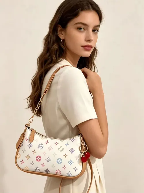 Pink Star Letter Crescent Shoulder Bag, PU Waterproof Chain Underarm Purse with Cherry Charm, Women's Crossbody Handbag for Commute Shopping Party