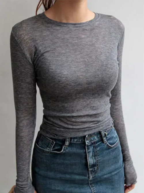 High Quality Plain T Shirt Women Elastic Basic T-shirts Female Casual Tops Long Sleeve Sexy Thin T-shirt see through