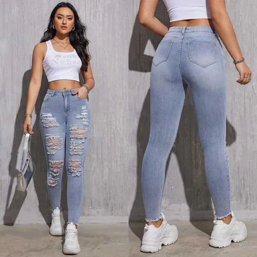 2025 Spring High Waist Skinny Jeans Women Stretch Ripped Light Blue Denim Pants Ankle Length Slim Fit Casual Trousers XSXXLT251013