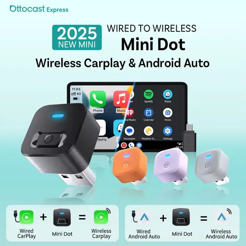 Ottocast Mini Dot Express 2 in 1 Wireless CarPlay Android Auto Adapter Plug Play Fast Connect USB Dongle for Benz Audi Toyota