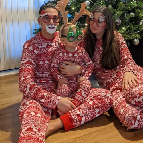 Merry Xmas Allover Print Christmas Pajamas Set Adult Kids Matching Clothes Soft Loose Sleepwear Baby Dog Romper Pjs Family Look
