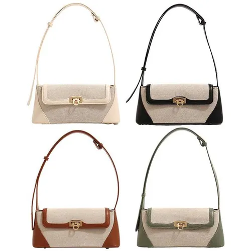 Women Canvas Tote Bag Patchwork Underarm Bag Versatile Flap Shoulder Bag Soft Satchel Bag Commuting Bag