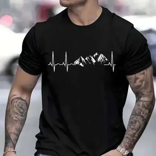 Men's T-shirt Novelty Mountain Heartbeat Pulse Line Tees Climbing Hiking Graphic Y2k Tops Casual Short Sleeve Oversized Clothing C260228