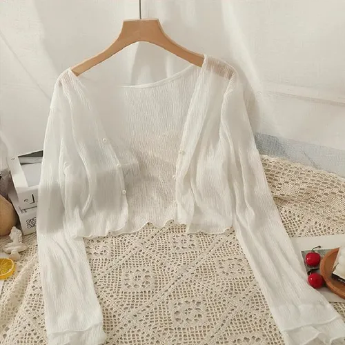 K1101 White chiffon cardigan women's thin shawl small outer cover summer sun protection clothing tulle jacket with suspenders skirt