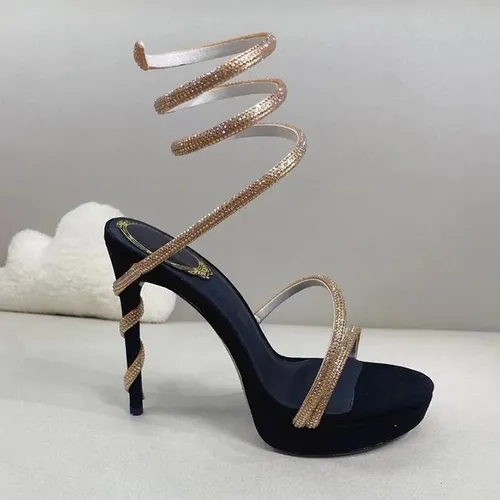 Crystal inset platform sandals Coiled snakeband Rhinestone stiletto Heels Ankle wrapped luxury designer evening wear Wedding Party Shoes Factory Footwear