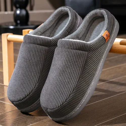 Warm Slippers for Men TPR Sole Memory Foam Soft Cushion Non Slip Stripe Design Comfortable Corduroy House Shoes