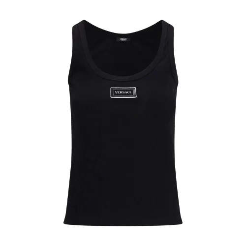 Versace Logo-Patch Ribbed Cotton Tank Top — Black