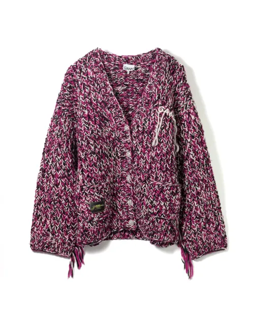 Ganni Graphic Wool Handknit Cardigan — Purple