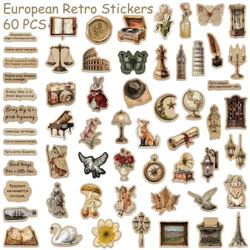 60 European retro-themed stickers, handbook decoration, computer mobile phone water cup creative waterproof stickers