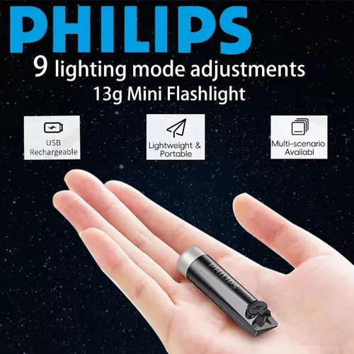 PHILIPS 2025 NEW SFL1121 EDC Flashlight LED Rechargeable Mini EDC Keychain Flashlights Camping Lamp For Hiking Self Defense