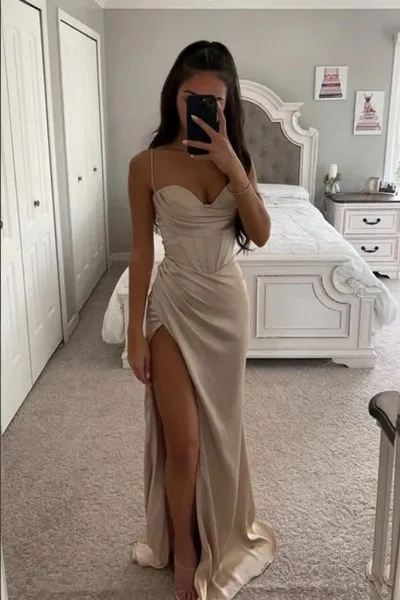 Champagne Spaghetti Strap Corset Criss Cross Lace Up Back High Slit Satin Mermaid Maxi Evening Prom Dress Formal Elegant Glossy