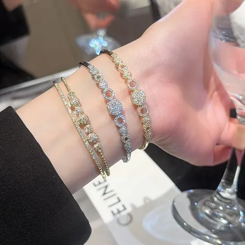 14K real gold plated zircon round clasp bracelet, casual fashionable versatile wristband, light luxury and high-end feel women's jewelry