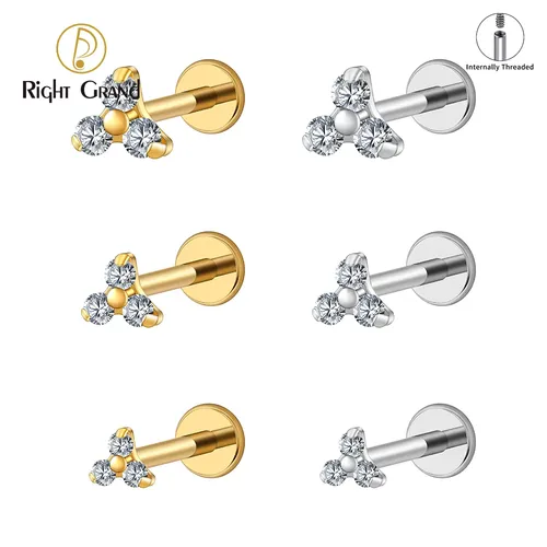 Right Grand ASTM F136 Titanium Tiny Trinity CZ Labret Stud 16G Triple CZ Flower Cartilage Earring Nose Medusa Earlobe Piercing