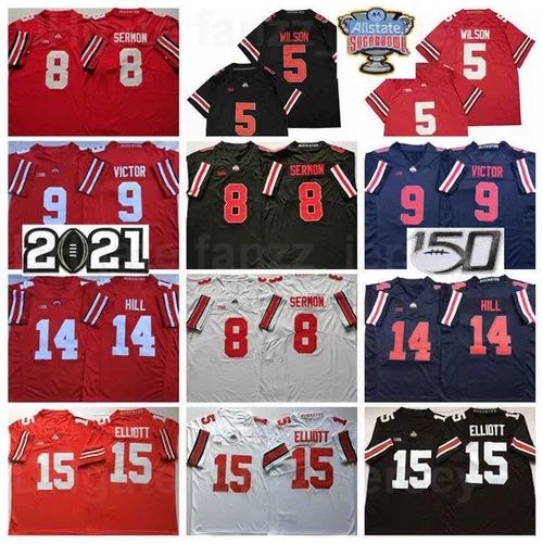 NCAA Ohio State Buckeyes College Football 14 KJ Hill Jersey 8 Trey Sermon 9 Binjimen Victor 5 Garrett Wilson 15 Ezekiel Elliott University Black Red White Team Color