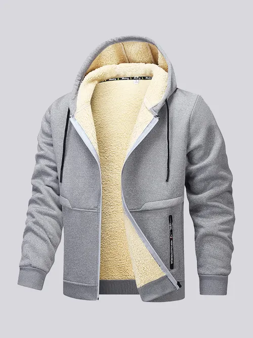 New Men's Solid Color Fleece-Lined and Thickened Winter Hooded Drawstring Sweatshirt Cardigan, Casual Warm Fleece-Lined Jacket