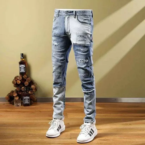 2024 Spring/Summer New Blue Hole Trend Small Foot Pants Men's Casual Slim Comfortable Breathable High-Quality Stretch Jeans Z260227