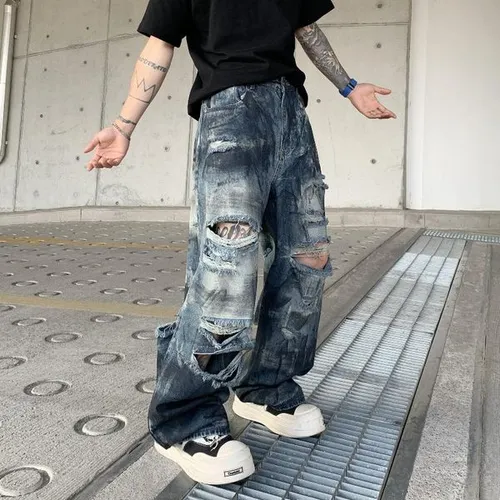 Men's Ripped Jeans Baggy Straight Leg Hip Hop Streetwear Vintage Blue Mid Waist Slight Stretch Summer Casual Pants S-3XL