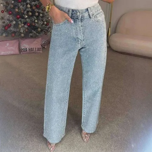 Straight Jeans for Women Diamonds Pants Stretch High Waist Washed Distressed Pockets Vintage Denims Streetwear Female Trousers C260126