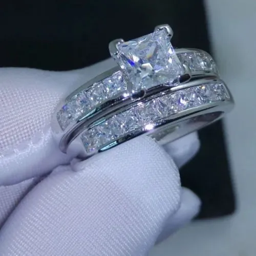 Luxury Size 5/6/7/8/9/10 Jewelry 10kt white gold filled Topaz Princess cut simulated Diamond Wedding Ring set gift with box