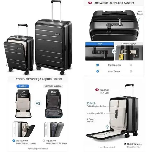 Expandable Polycarbonate Hard Shell Luggage Set 2 Piece with Front Pocket Black 20 and 28 Inch Travel Suitcases W251028