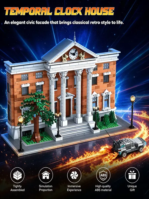 Future Clock House Building Blocks with Retro Sports Car, 1888PCS 2-in-1 City Architecture Building Set Display & 5-Room Interior Diorama - Creative Home & Office Desk Decor Gift