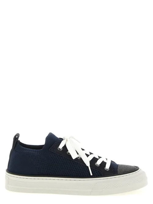 Brunello Cucinelli Cotton Knit Low-Top Sneaker — Navy