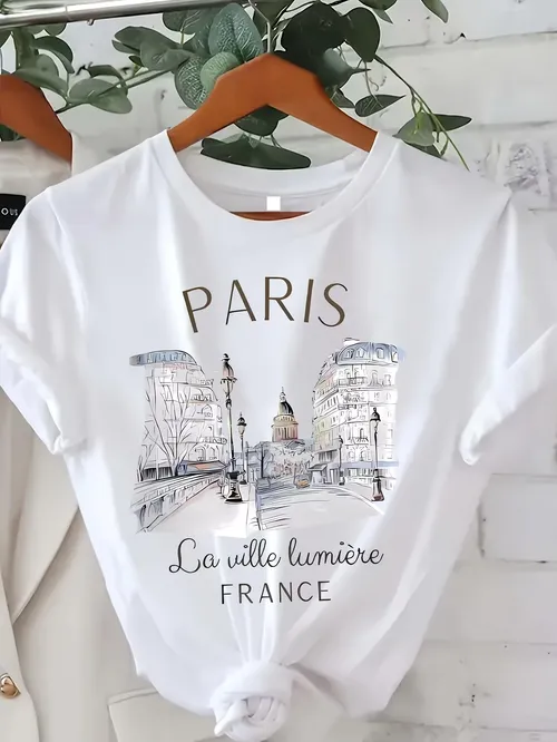 Fashion Graphic T Shirt Paris Print Women T-shirt Girl Short Sleeve Crew Neck Casual Top for Summer Spring Women's Clothing
