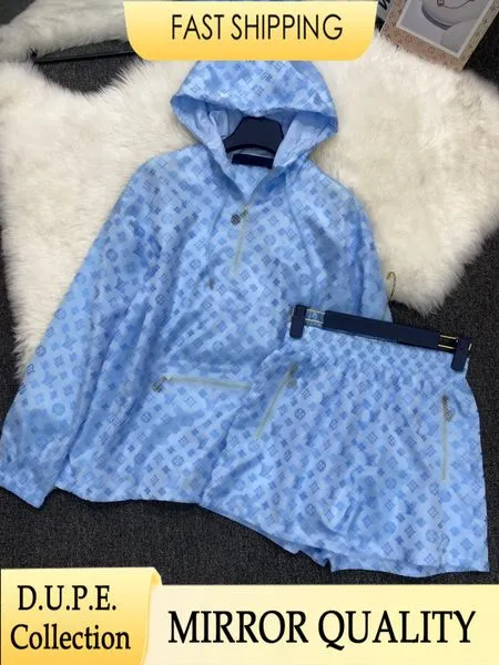 Designer Hooded Jacket Shorts Set Blue Monogram Canvas Luxury Brand Tracksuit Two Piece Outfits Women Windbreaker Casual Half Zip Coat Short Pants Sportswear