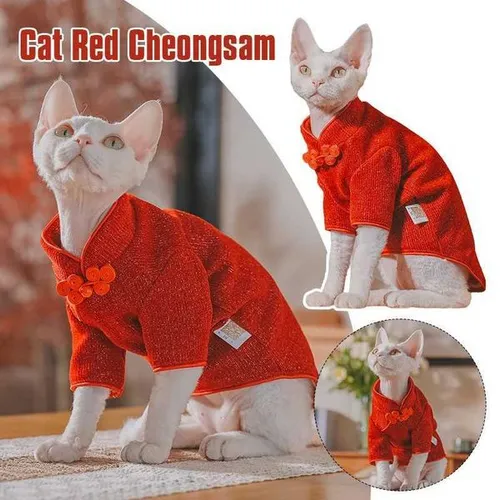 Glittering Red Sphynx Cat Clothes Soft Warm Fall Winter Dog Clothes New Year Chinese Cheongsam Hairless Cat Costume Xmas PartyM251120