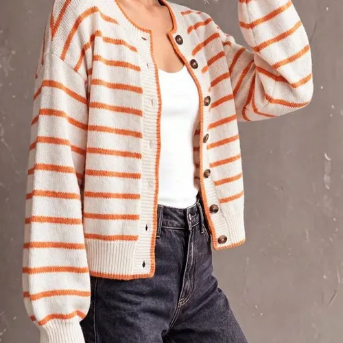 Womens Long Sleeve Knit Cardigan Vintage Striped Leopard Patchwork Button Down Cropped Sweater Casual Outwear Lady Casual Knitted Coat