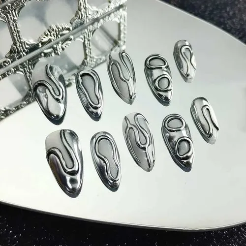 10PCS Handmade Y2k Press on Nails Silver Medium Almond Acrylic False Nails Full Cover Design Irregular goth Artificial Nail TipsT251118T251119