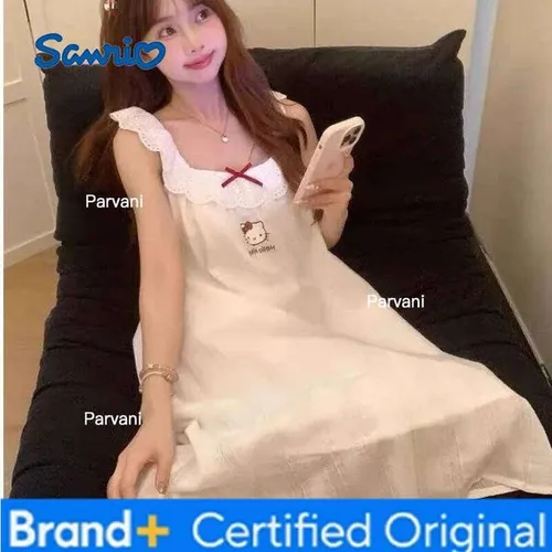 Sanrio Hello Kitty Women's Kawaii Cartoon Summer Young Girl Sleeveless Sleeping Pajamas Long Skirt Home Clothes H260130