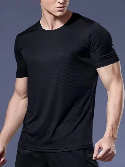 Quick-drying Men Running Shirts Fitness Compression Gym Polyester Sports T-shirt Black 2023 Workout Training Muscle Fit Clothing