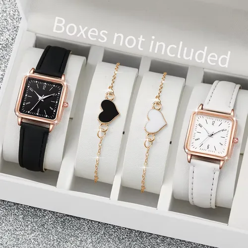 2/4PCS Fashion Square Women's Watch Leather Band Quartz Watches Heart Bracelet Set(Without Box)