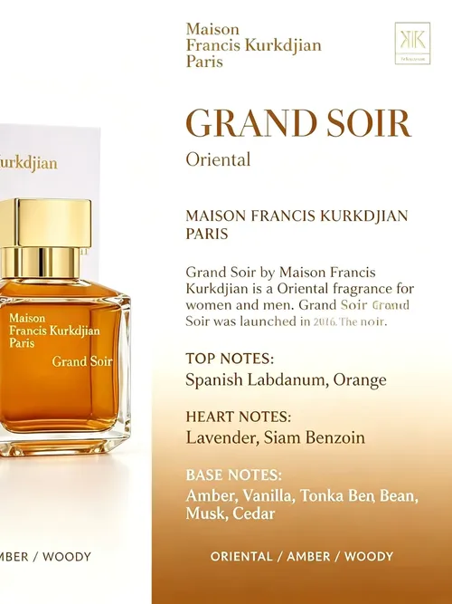 Maison Francis Kurkdjian Grand Soir Eau de Parfum 2.37a oz 70ml, amber vanilla notes last for 8-10 hours warm, deep, sweet and smooth | Top luxury choice for formal dinners/autumn/winter daily/business and social occasions