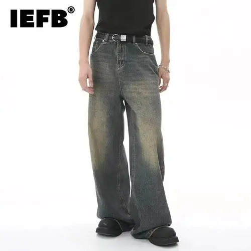 IEFB Summer Men's Denim Pants Old Blue Washed Male Jeans Straight Casual Menwear Loose Wide Leg Trousers New Fashion 9C354