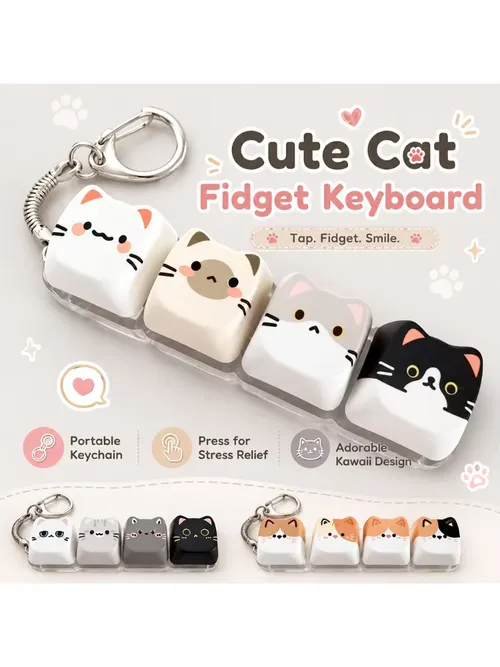 Cute Cat Relax Button Keycap, Kawaii Cat 4-Key Keyboard Fidget Toy for Friends Gift, Portable Fidget Keychain Fashion Bag Charm
