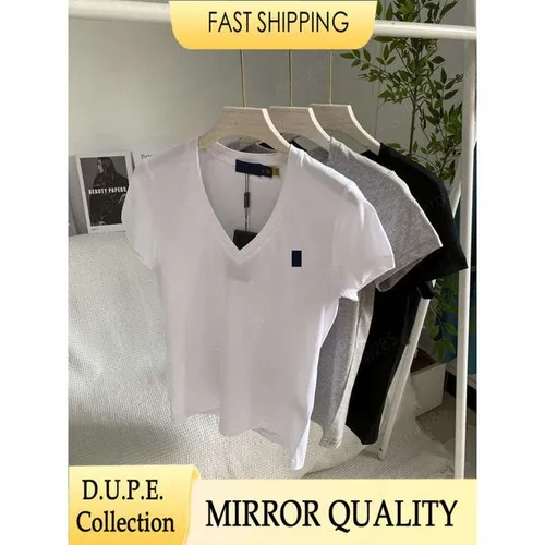 Ralpppph Laurent-shirt Designer V Neck White Cotton T Shirt Premium Pony Embroidery Classic Summer Tees Luxury Women Short Sleeve Tops Casual Slub Knit Tee