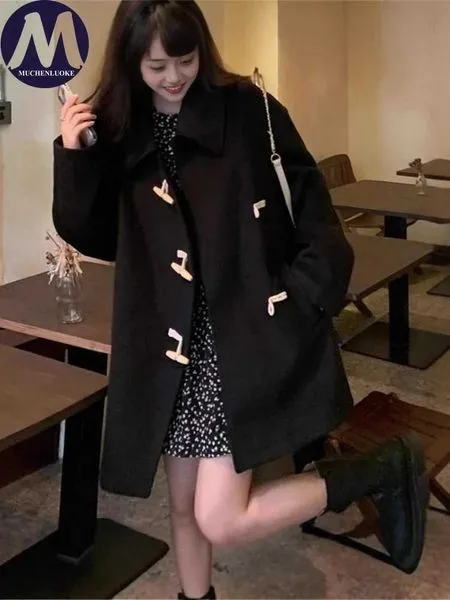 Womens Trench Coat Autumn Winter Long Sleeves Horn Button Medium Length Woolen Coats Korean Fashion Casual Loose Keep Warm CoatT251101