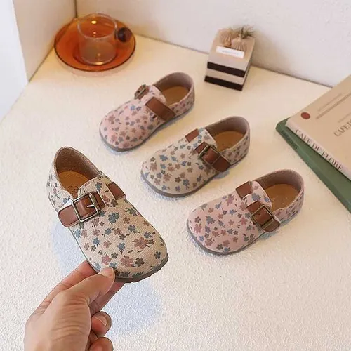 Childrens Soft-soled Joker Leather Shoes Spring and Autumn Fashion Printing Decorative Girl Floral Pattern One Pedal Flat ShoesT260314