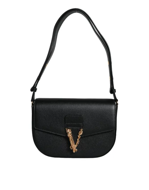 Versace Grainy Calf Leather Logo Shoulder Bag — Black